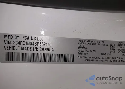 2025 Chrysler Pacifica Select z USA, uszkodzony, nr VIN 2C4RC1BG4SR562166